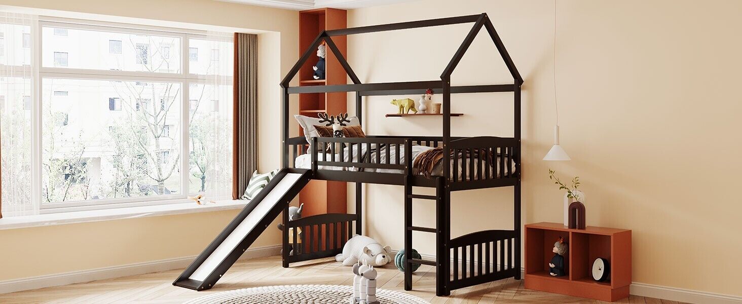 Primary image for Twin Loft Bed With Slide, House Bed With Slide - Espresso
