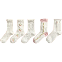 Floral White Socks w/ Pink Flowers, Texture, Ruffle Trim New Lot of 5 Pairs - $15.00
