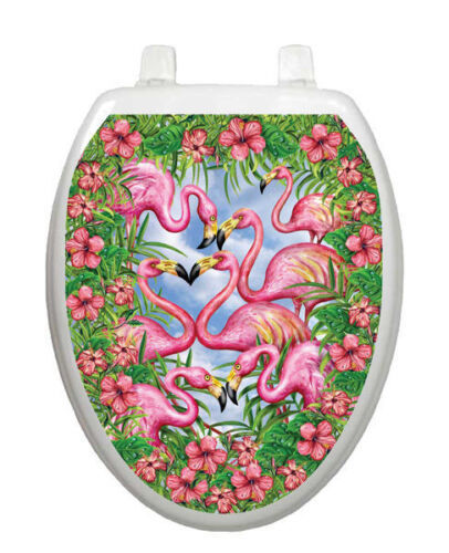 Toilet Tattoos Flamingo Fancy Vinyl Seat Lid Cover Decor Pink Birds Elon... - $23.66