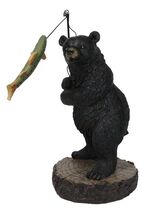 Whimsical Rustic Forest Black Bear Catching Largemouth Bass Fish Figurine - $366.69 MXN