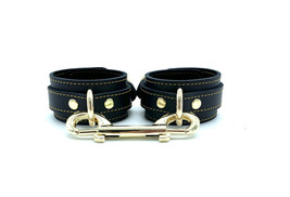 BDSM Black Leather Tango Ankle Cuffs &amp; Gold Hardware, Sub Kink Ankle Bra... - £75.76 GBP