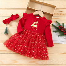 NEW Christmas Reindeer Girls Red Gold Stars Long Sleeve Tutu Dress  - £8.69 GBP