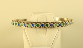 Vintage Sterling  handmade Enamel Green and Blue Puff Heart Bangle Bracelet - £59.17 GBP