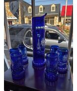 Vintage Bohemian Czech Cobalt Blue Cut to Clear Glass Pitcher and 6 Tumb... - $149.00