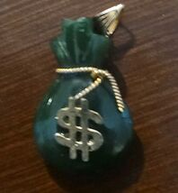 Enamel Money Bag Charm Green Emerald Look And Gold Tone 1 Inch - $29.69