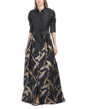 Teri Jon by Rickie Freeman Taffeta &amp; Jacquard 3/4 Sleeve Belted Gown in Black 12 - £230.92 GBP