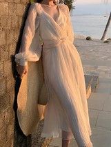 Women&#39;s Spring Summer Chiffon Hubble-bubble Sleeve White Dress V Neck Elegant Ca - £75.74 GBP