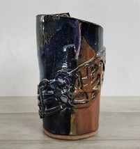 Vintage Hand Made Studio Art Pottery Blue &amp; Brown Vase Planter - £34.71 GBP