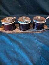 Brown Drip Glaze Jam Set Wood Lids On Wood Tray USA - £32.44 GBP