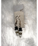 Beaded Dangle Earrings White Pearl Beads Black Top Accent Gold Spacer Jewelry - $9.89