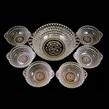 Vintage Diamond &amp; Beaded Pressed Glass Berry Bowl Set 1 Large + 6 Small JRB - $34.70