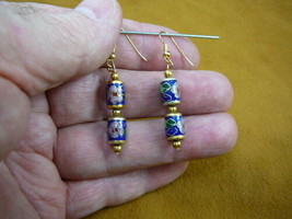 (EE604-25) 8x10 Dark Blue w/ pink flower 2 CLOISONNE beads dangle drum EARRINGS - £13.91 GBP