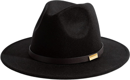Fedora Hat for Men Wide Brim Panama Hat with Classic Belt, Black,  7 1/8-7 1/4 - £37.05 GBP