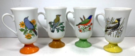 Lot Of 4 Vintage Fred Roberts Bird Mugs Japan 1960s Footed Flowers 2 Sided Cups - £23.48 GBP