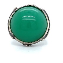 Vintage Signed Sterling Round Chrysoprase Stone Cabochon Solitaire Ring sz 7 1/4 - £43.42 GBP