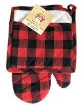 Buffalo Check 2-Piece Potholder Oven Mitt Set Country Red Black Heavyweight - £18.20 GBP