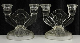 Vintage Jeannette Pattern Glass Iris Herringbone Clear Two Light Candleholders - £19.34 GBP