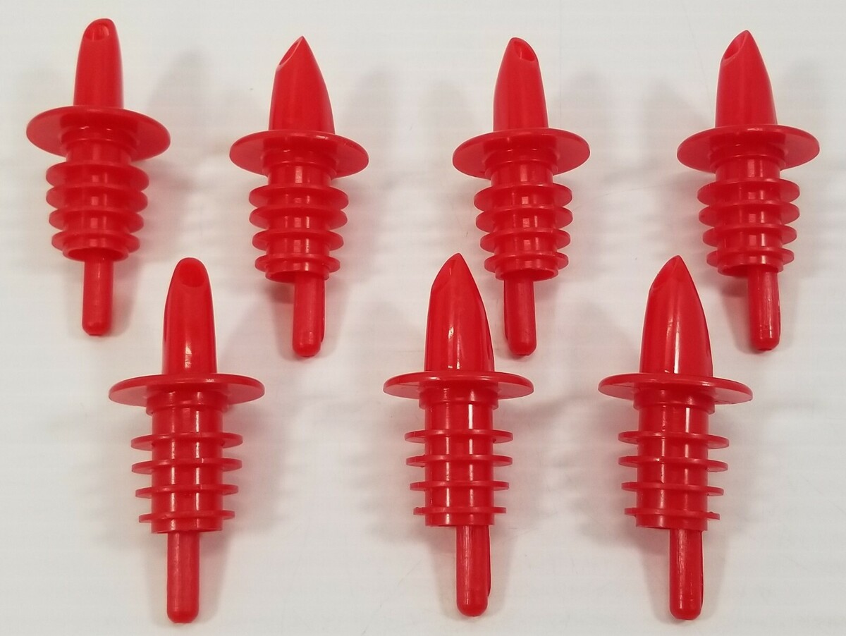 JJ) Vintage Lot of 7 Red Spill Stop Plastic Liquor Bottle Toppers Barware - $9.89