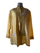 Yi Lin 100% Silk Shantung Tunic Blouse Women’s Large Yellow Floral Embroidery - £23.59 GBP