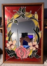 Vintage Stained / Painted Glass Accent Wall Mirror Framed 25 x 17&quot; - AS-... - $89.89
