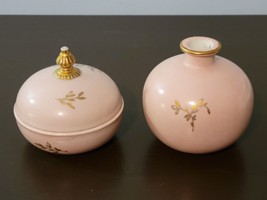 Orlik Hand Painted Porcelain Vanity Dresser Dish &amp; Vase Pink Gold Trim PM - £23.26 GBP