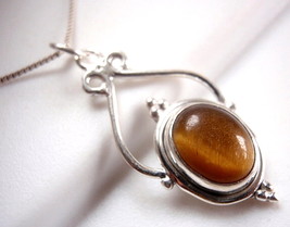 Tiger Eye Necklace Beautifully Accented Cabochon 925 Sterling Silver New 3.5ct - $13.49