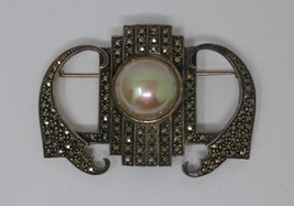 Sterling Silver Art Deco Marcasite Pearl Brooch Pin - £79.92 GBP