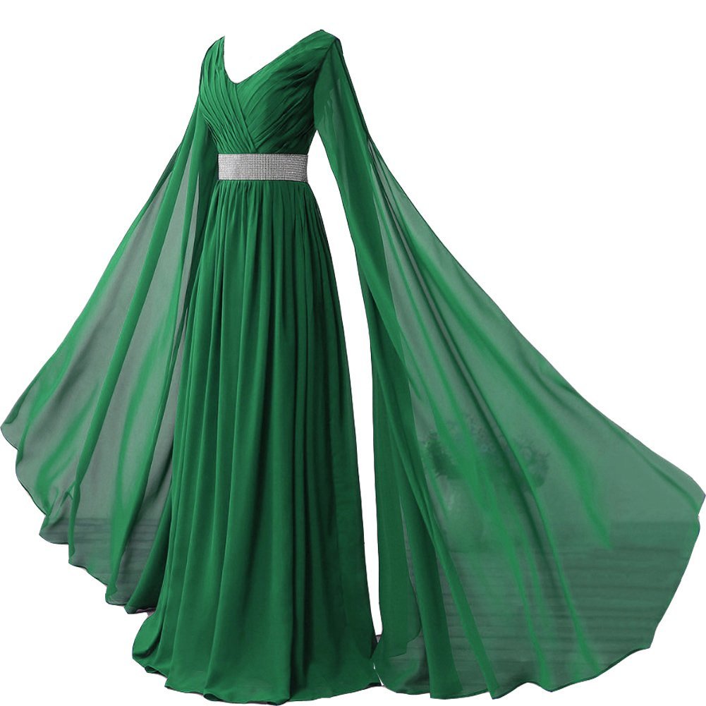 Kivary V Neck Long Sleeves Chiffon Goddess Prom Vintage Evening Dresses Green US