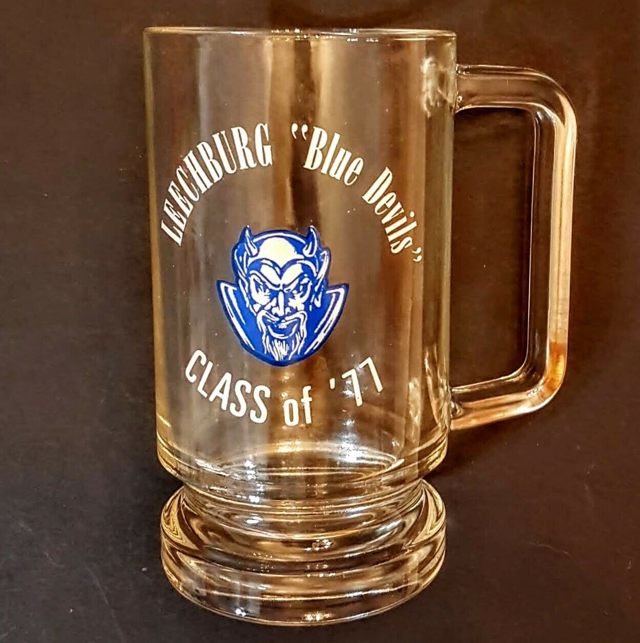 Primary image for Glass Root Beer Stein VTG Leechburg Pa BLUE DEVILS School Mascot Class of 1977