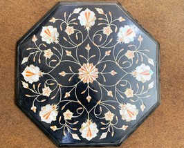 12&quot; Octogonal black Marble Side table top Petra Dura &amp; Semi Precious stone  - $525.00