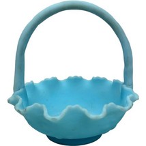 Vintage Fenton 8” Light Blue Turquoise Opaque Glass Ruffled Handled Basket Label - £18.64 GBP