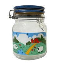 Anchor Hocking Nina Farm Scene 6&quot; Glass Canister 1982 Sheep Blue Lid Vintage - £16.50 GBP