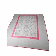 Vintage Handmade Embroidered Quilt Pink White Green 93 x 87 Pink Border - $121.22
