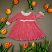 Honey Pot Girl&#39;s Size 12 Months Pink Velor Lined Dress White Trim Christ... - $17.77