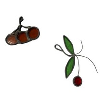 Vintage Set of 2 Stained Glass Hanging SunCatcher Ornaments Red Cherries Kitschy - £9.72 GBP