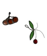 Vintage Set of 2 Stained Glass Hanging SunCatcher Ornaments Red Cherries... - £9.60 GBP