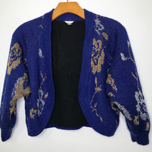 ILOVE H81 Cardigan Small Blue Gold Crop Bolero Sweater Long Sleeve Knit ... - £14.75 GBP