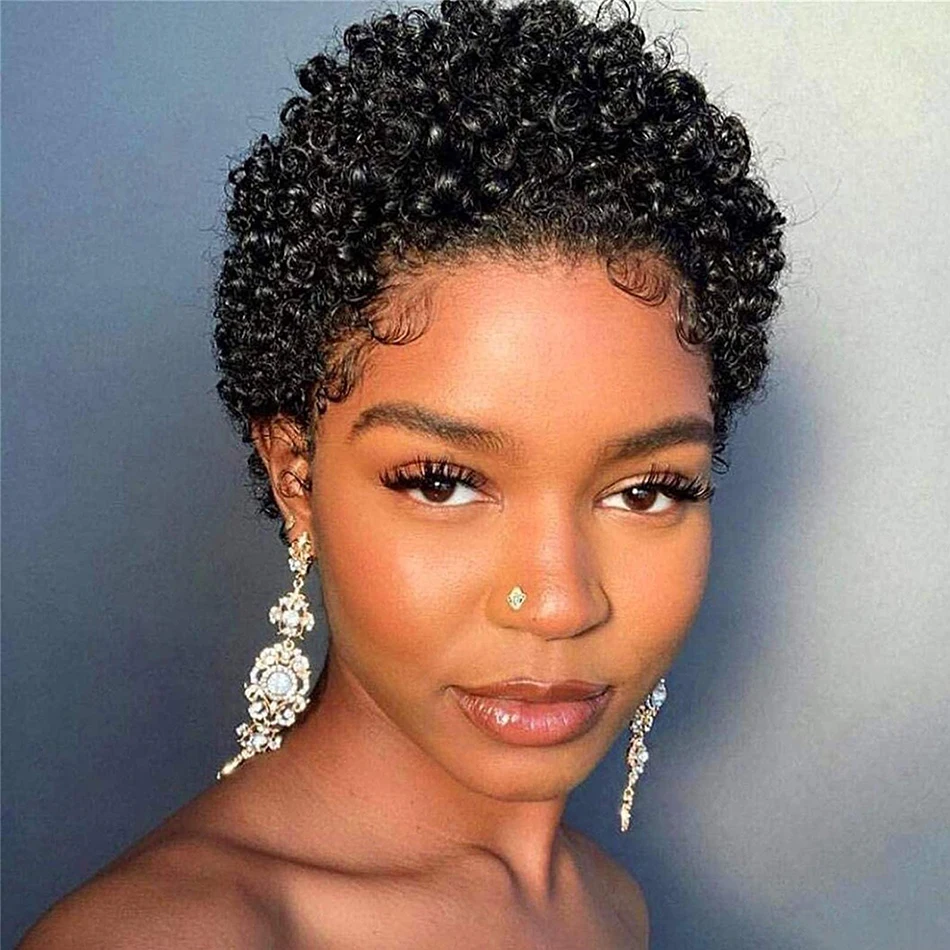 Short Afro Kinky Curly Pixie Cut Wigs For Women Human Hair Malaysian Remy 18 - £27.05 GBP