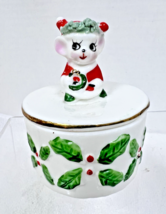 Vintage Santa Mouse w Wreath Christmas Trinket Box x Holly &amp; Spaghetti Trim - $18.32