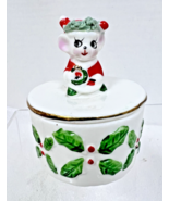 Vintage Santa Mouse w Wreath Christmas Trinket Box x Holly &amp; Spaghetti Trim - $337.13 MXN
