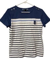 Karen Scott Sport Womens Petite Large PL Blue Striped T Shirt Button Accent - £11.48 GBP