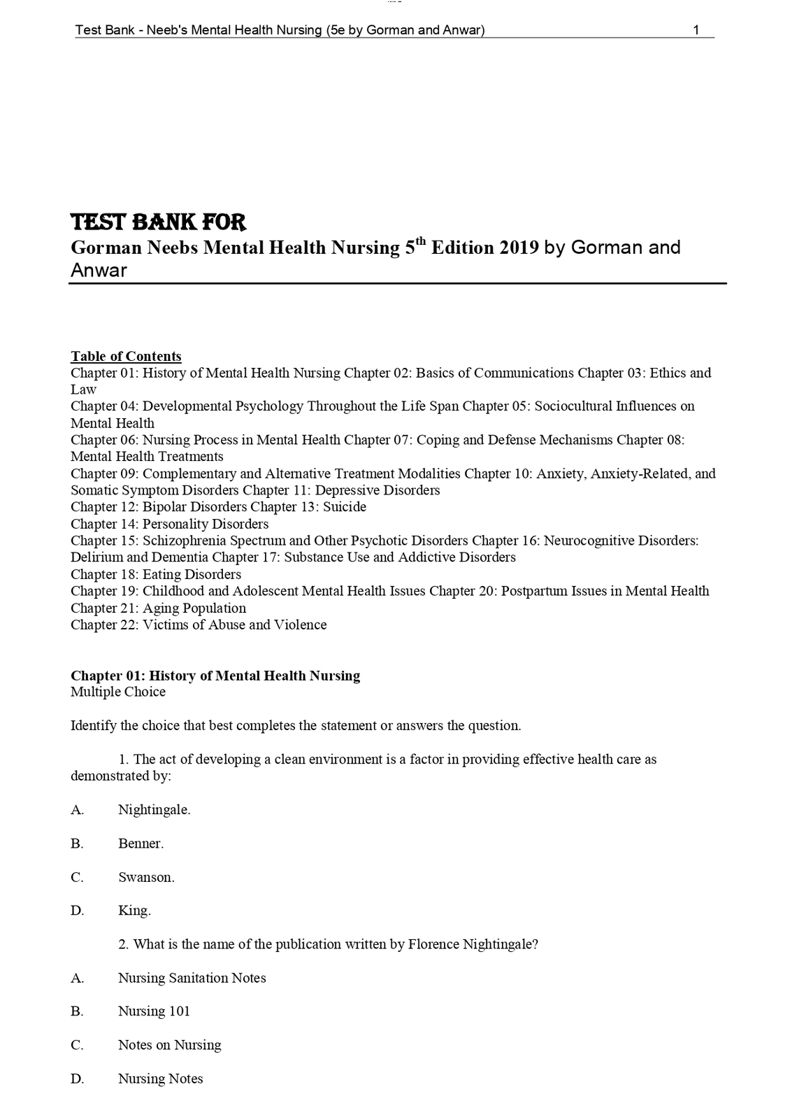 Test Bank for Gorman Neebs Mental Health Nursing 5th Edition 2019 by Gor... - $17.99