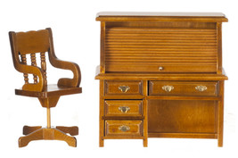 Dollhouse Miniature - WALNUT ROLLTOP DESK AND CHAIR SET - 1:12 scale - £25.96 GBP