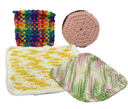 Vintage Handmade Lot of 4 Crocheted Hot Pads Trivets Washcloths Multicolor - £11.42 GBP