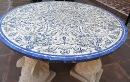5&#39;x5&#39; White Marble Dining Table Top Real Lapis Lazuli Marquetry Inlay Home Decor - £7,511.03 GBP
