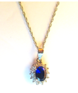 NEW Silver Chain Necklace w Oval Lab created Blue Sapphire &amp; Rhinestone ... - $20.69 CAD