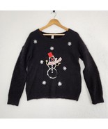 Snowman Christmas Sweater Women&#39;s Black Sequin Juniors Large 11-13 - £11.67 GBP