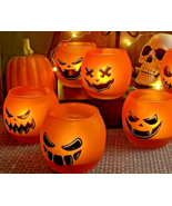 6 Pc Halloween Pumpkin Grimace Votive Holders Orange Glass Tealight Déco... - $403.25 MXN