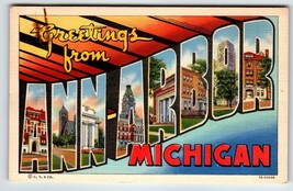 Greetings From Ann Arbor Michigan Large Big Letter Postcard Linen Curt Teich - £7.57 GBP