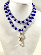 Silver Tone Metal Filigree Clear &amp; Cobalt Blue Crystal beads necklace 26&quot;L - £28.42 GBP